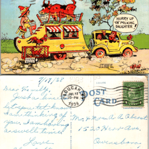 E. C. Kropp Co. On Our Way—Enjoying the Comforts of Home W218 Comic Linen Postcard 1938 - Image 1