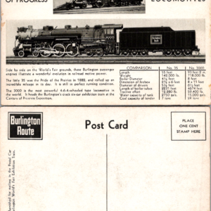 Burlington Route Postcard 50 Years of Progress Locomotives No. 35 No. 3000 Vintage - Image 1