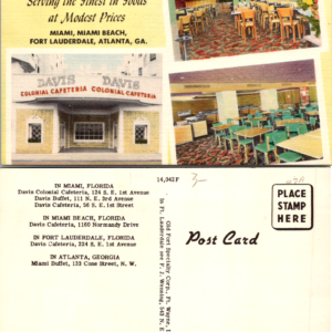 Davis Cafeteria Postcard Miami Florida Fort Lauderdale Atlanta Vintage - Image 1