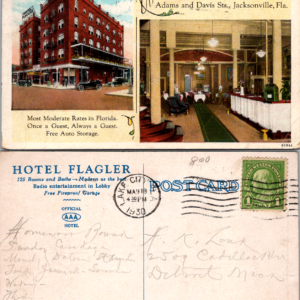 Hotel Flagler Jacksonville Florida Advertising Postcard 1930 Vintage - Image 1
