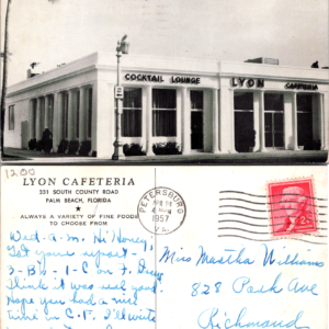 Lyon Cafeteria Palm Beach Florida 1957 Postcard Cocktail Lounge - Image 1