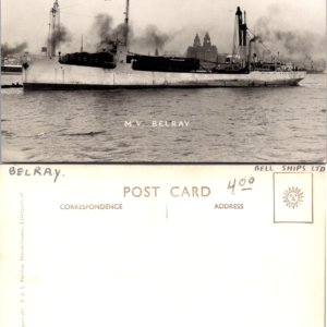 M.V. Belray Liverpool Ship Vintage Postcard Black and White - Image 1