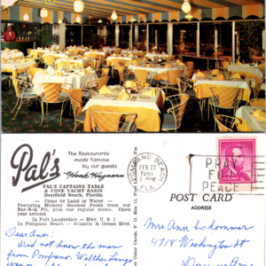 Pal's Captains Table & Cove Yacht Basin Deerfield Beach FL Postcard 1961 - Image 1