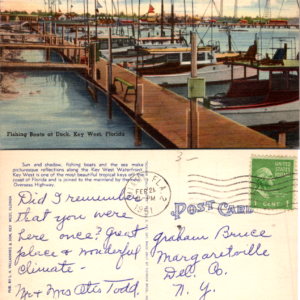 Vintage 1951 Postcard Fishing Boats at Dock Key West Florida Waterfront Scene - Image 1