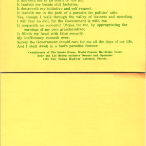 Vintage Hymn to the Welfare State Postcard Lakeland Florida The Smoke House - Image 1