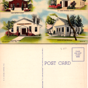 Vintage Sebring Florida Postcard Curt Teich Churches First Baptist St Agnes - Image 1